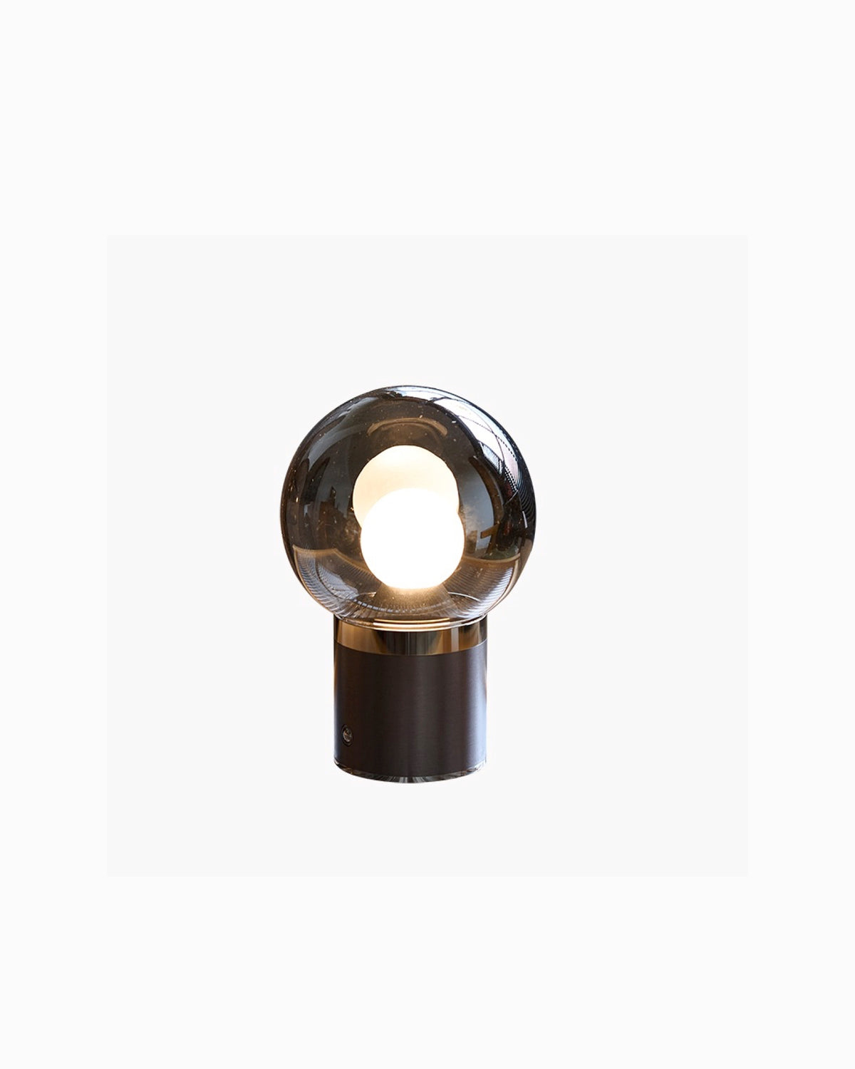 Celeste Cordless Orb Crystal Lamp on brushed aluminum bronze base with brass collar