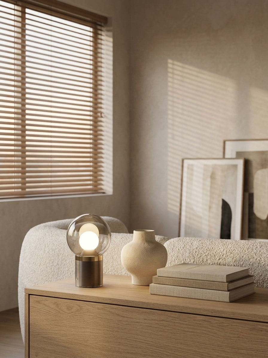 Celeste Orb Lamp styling on living room oak console with soft warm Venetian blind lighting