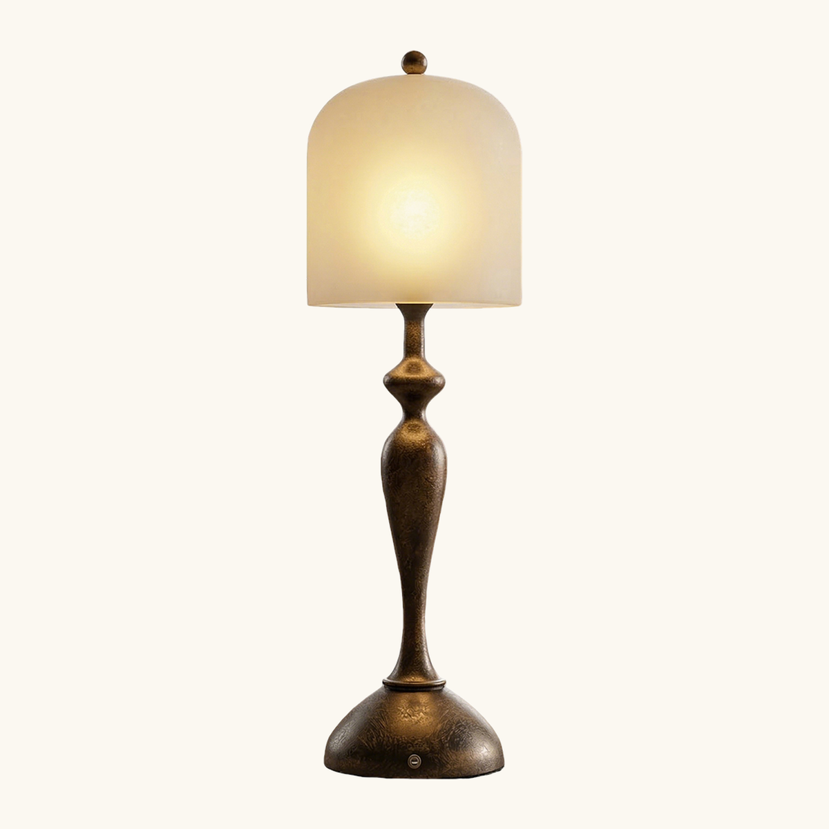 Aura Spirit alabaster accent lamp, detail view showing the shade, the antique-bronze stem and the round base