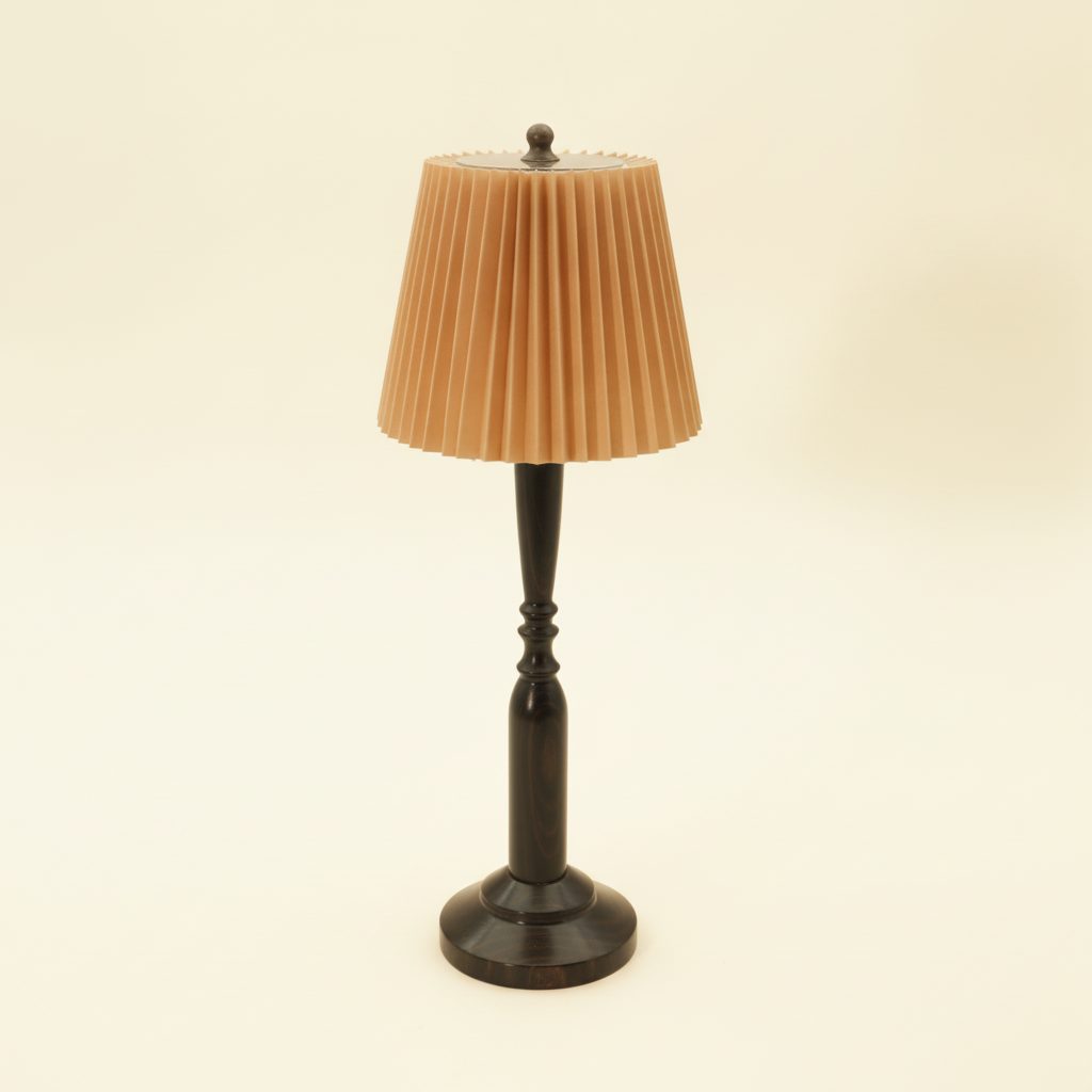 Jovial pleated fabric shade and turned wooden stem detail