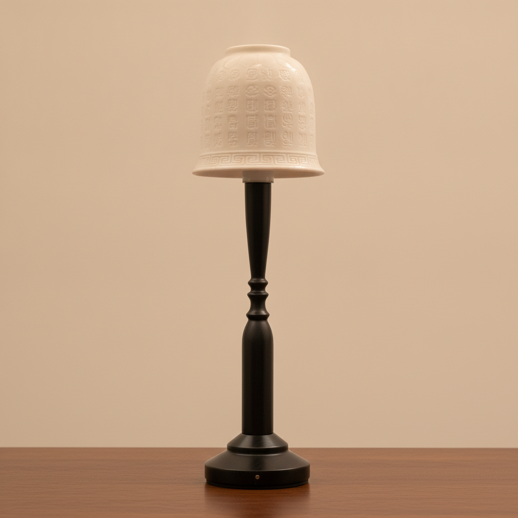 Bliss lamp ceramic relief grid and African Blackwood grain with brass ring