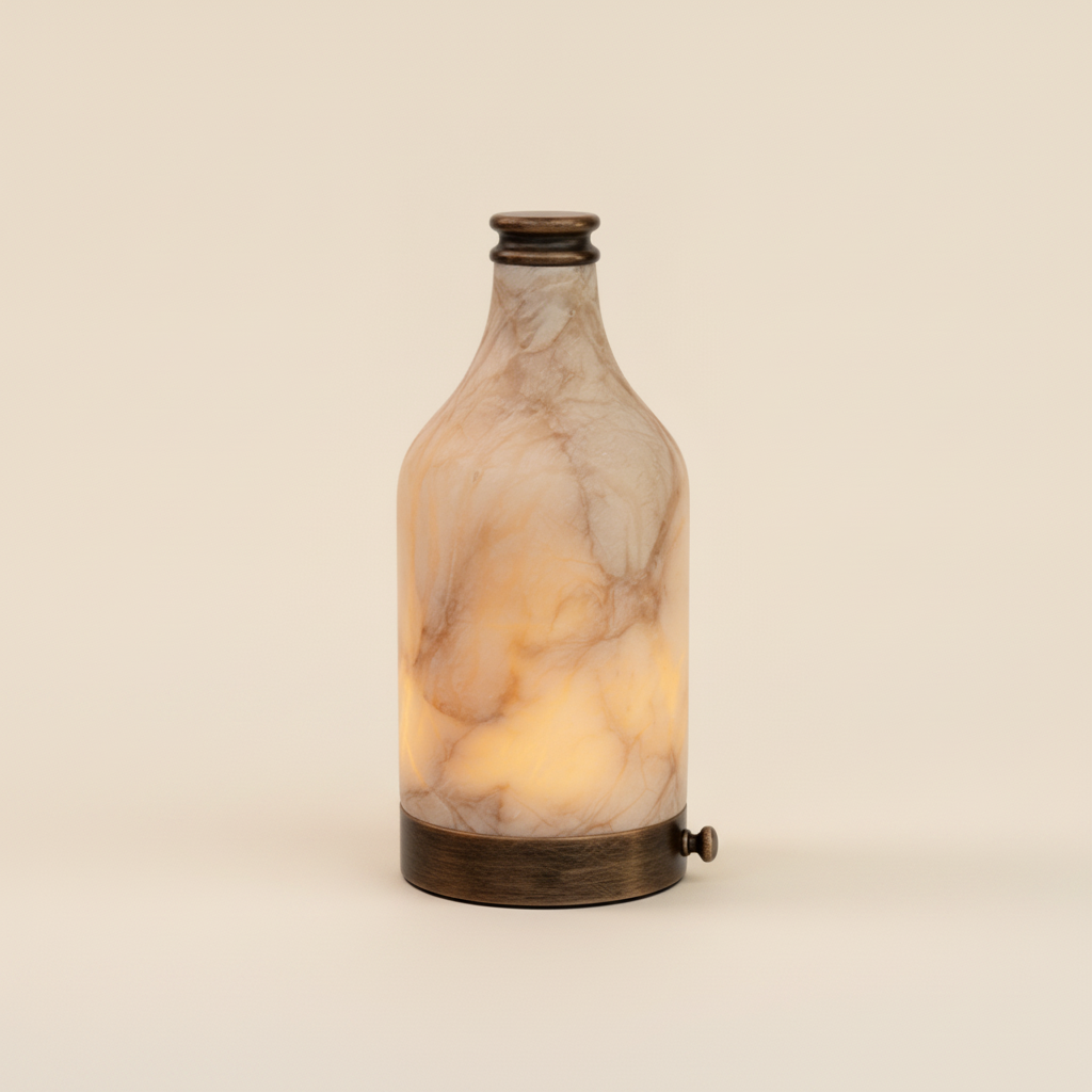 Translucent alabaster body and antique-bronze aluminium base of the Admire lamp