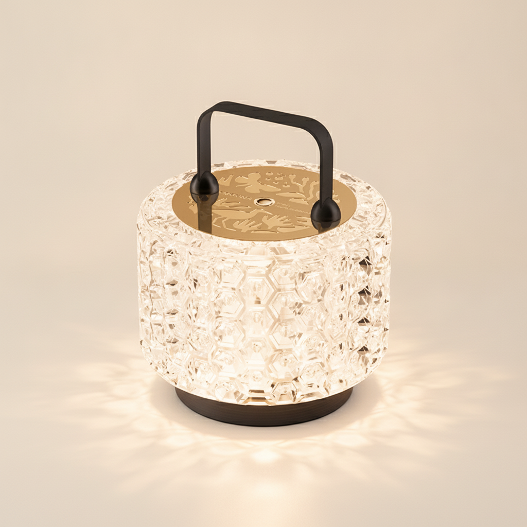 Faceted honeycomb acrylic body and engraved gold-tone top of the Monet Garden lamp