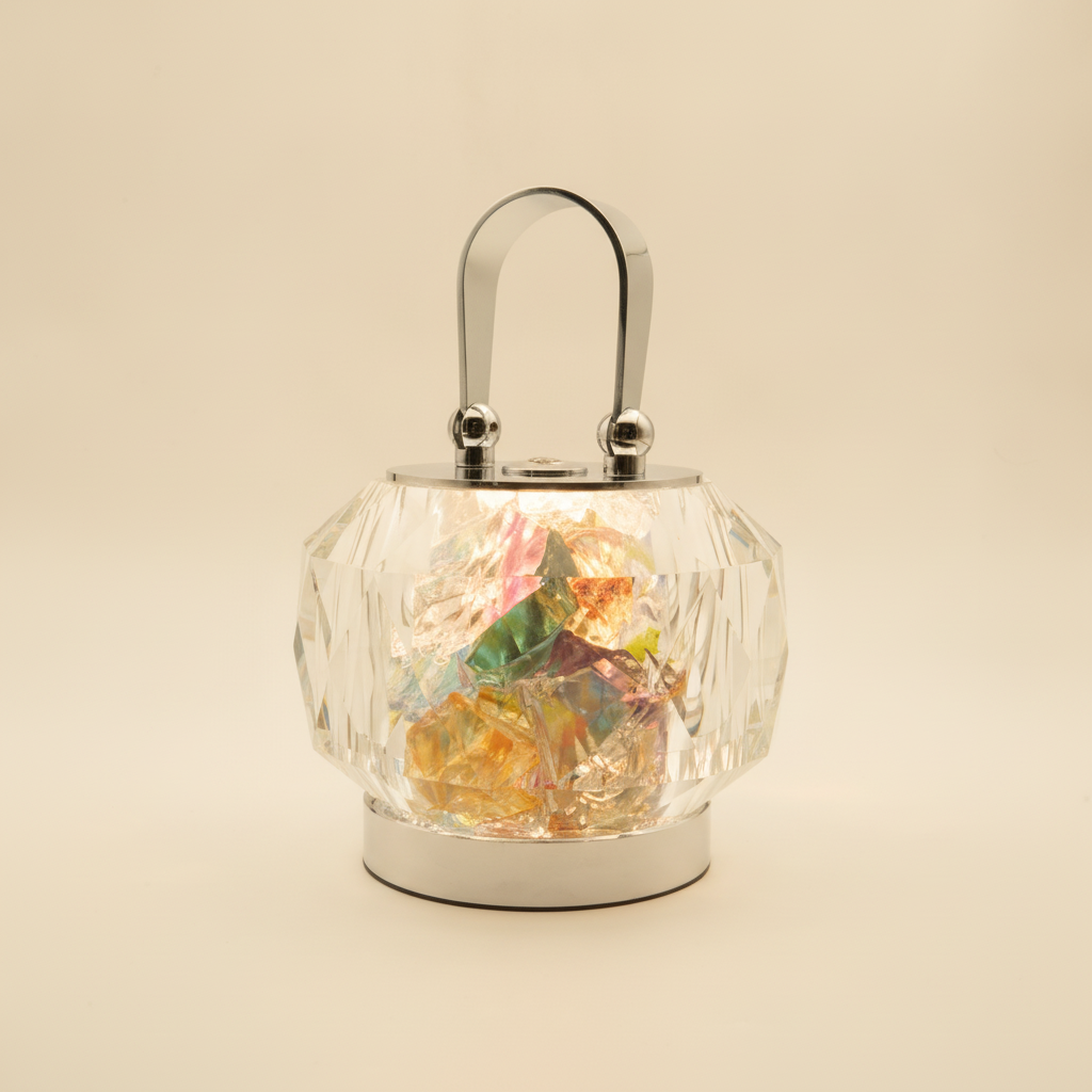 Faceted crystal barrel with iridescent fragments and polished aluminium disc base and handle