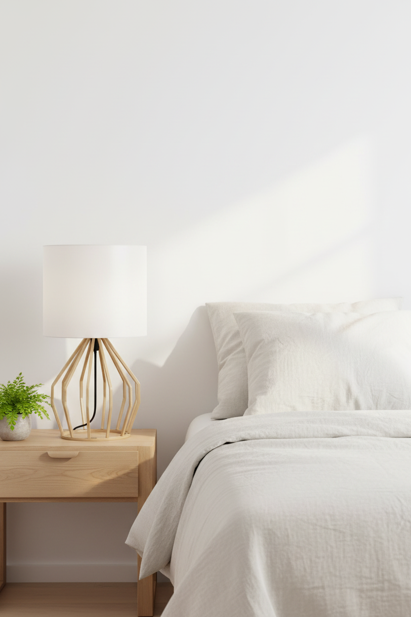 Modern Gold Table Lamp styled in a Scandinavian bedroom