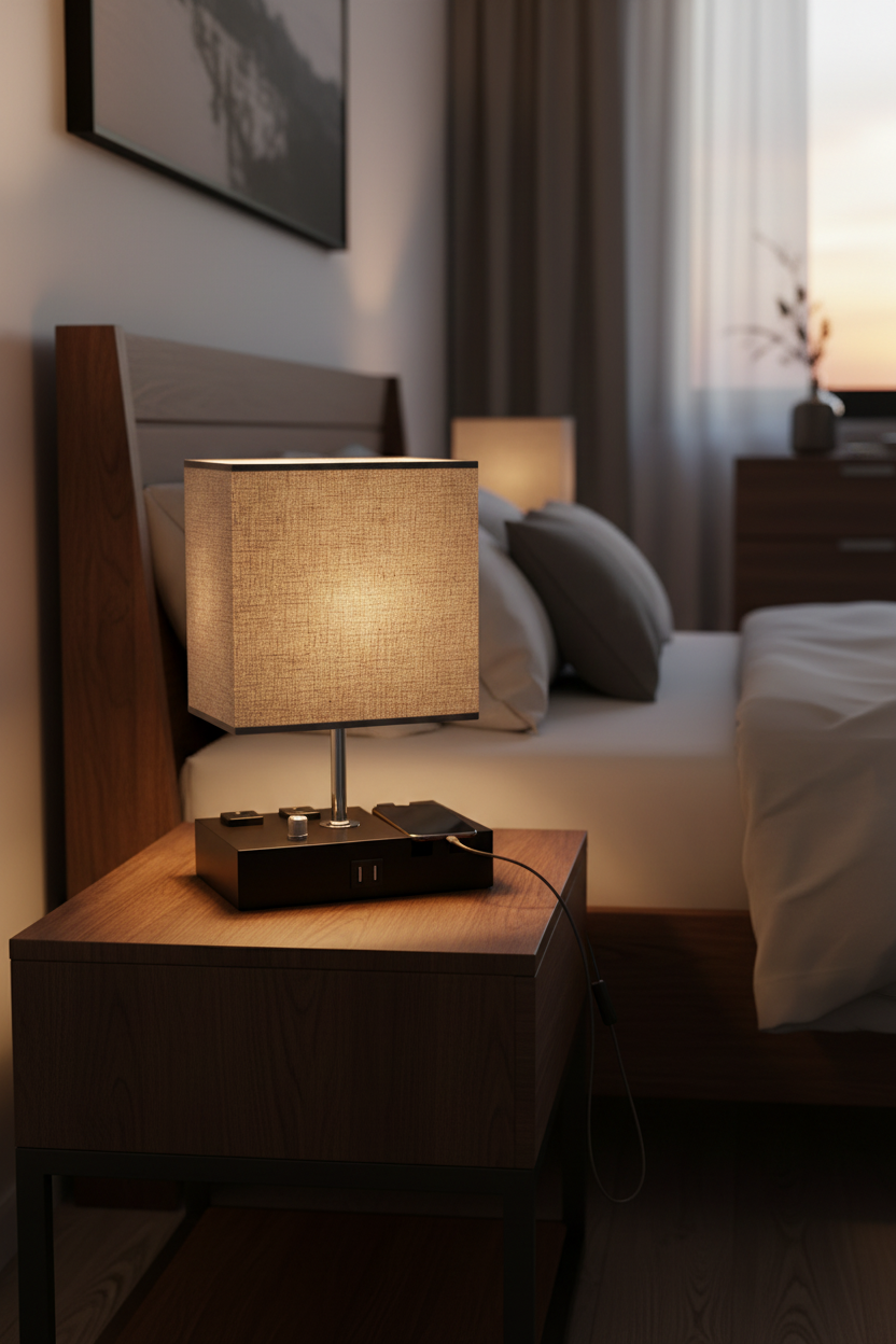USB Table Lamp with charging ports styled on a modern bedside table