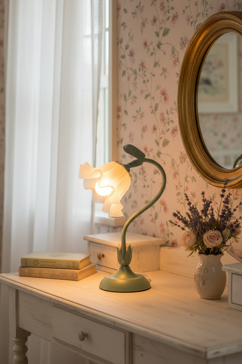 Sage Green Floral Table Lamp styled in a cozy cottage bedroom