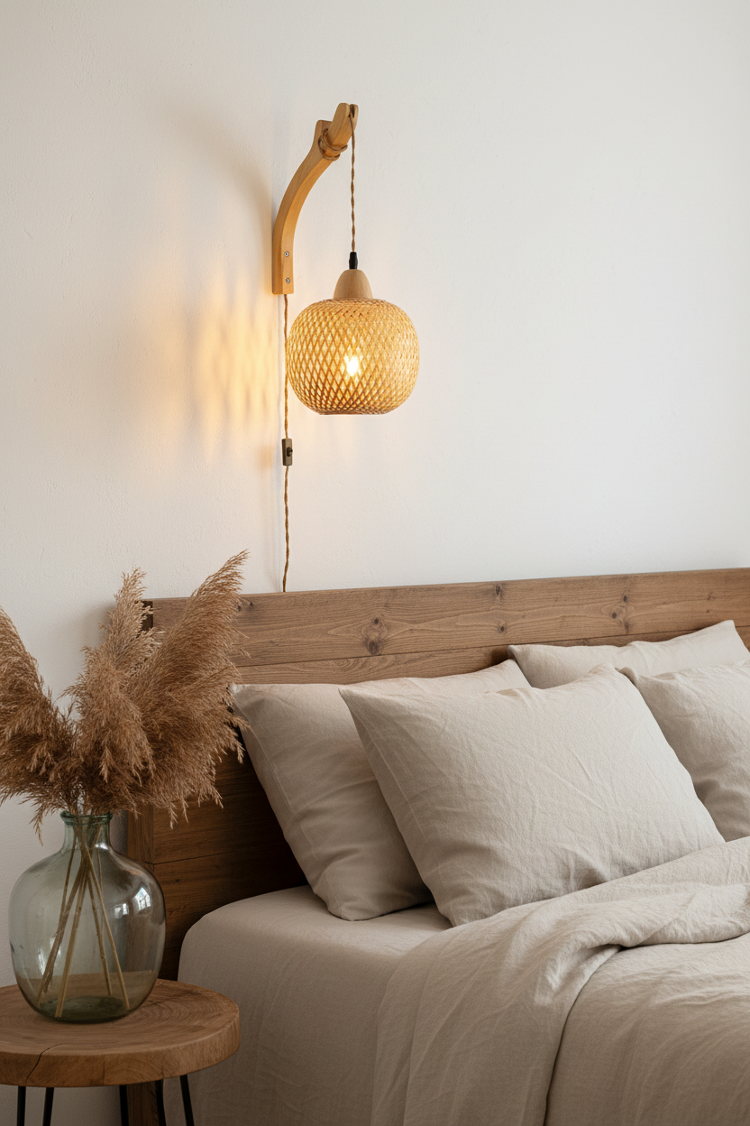 Natural Bamboo Wall Sconce mounted beside a bed in a boho bedroom