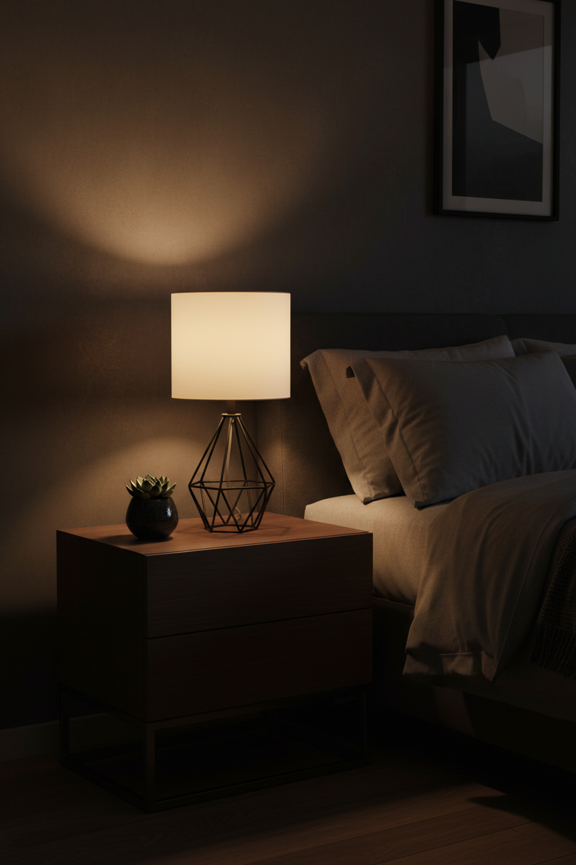Black Diamond Table Lamp styled in a modern bedroom setting