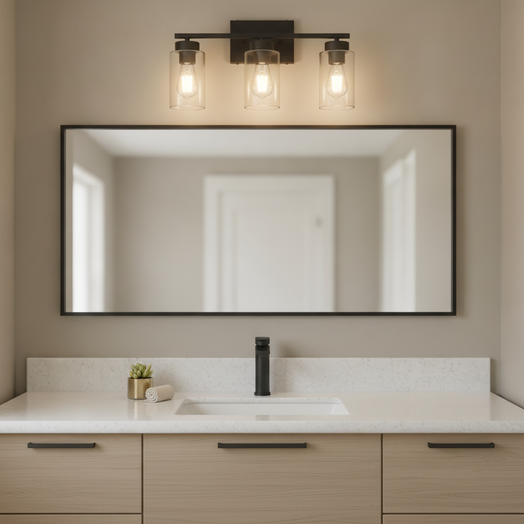 3-light matte black bathroom vanity light clear glass shades E26