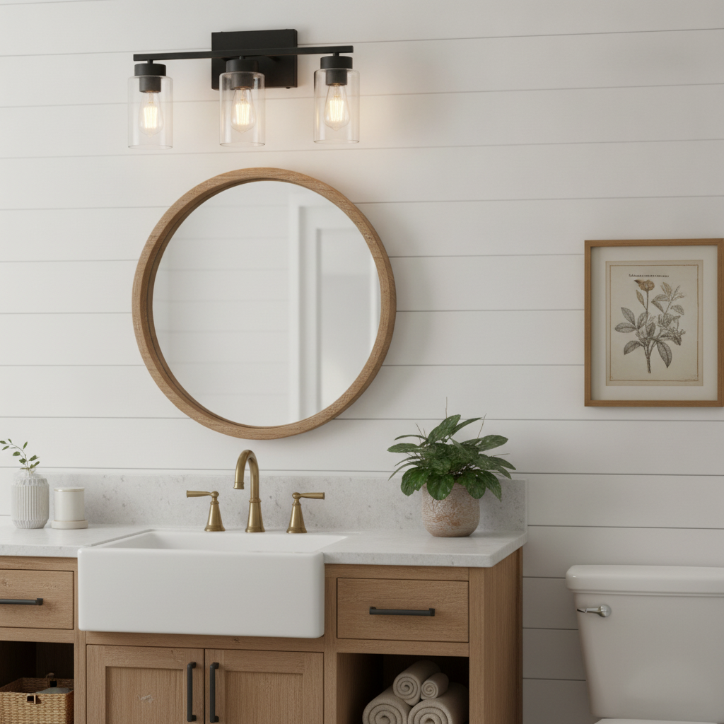 3-light matte black bathroom vanity light clear glass shades E26