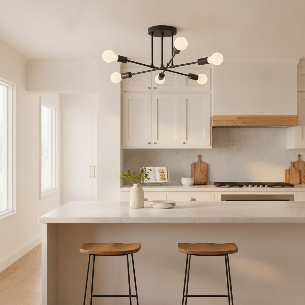 6-light black sputnik semi flush ceiling light E26