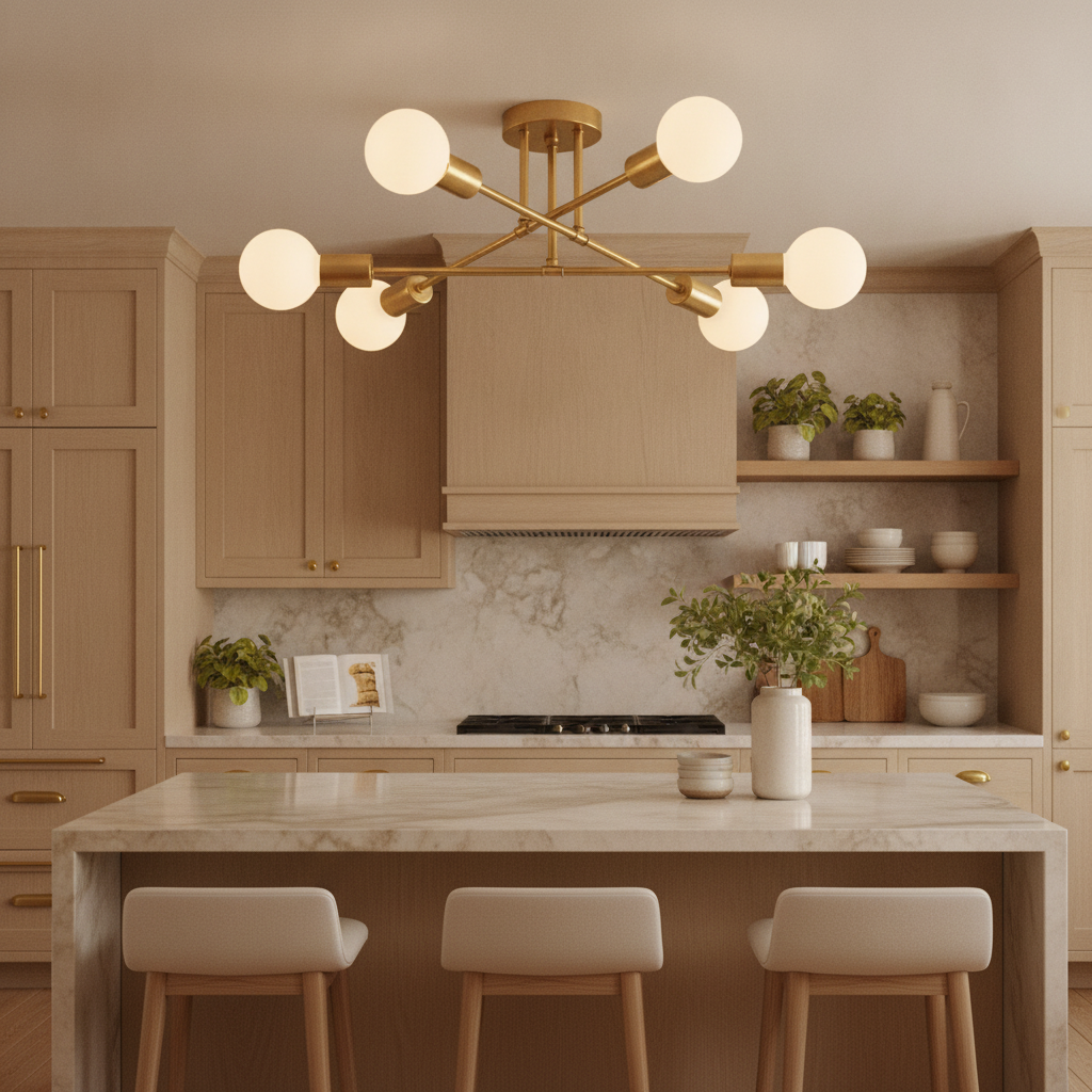 6-light gold sputnik semi flush ceiling light E26