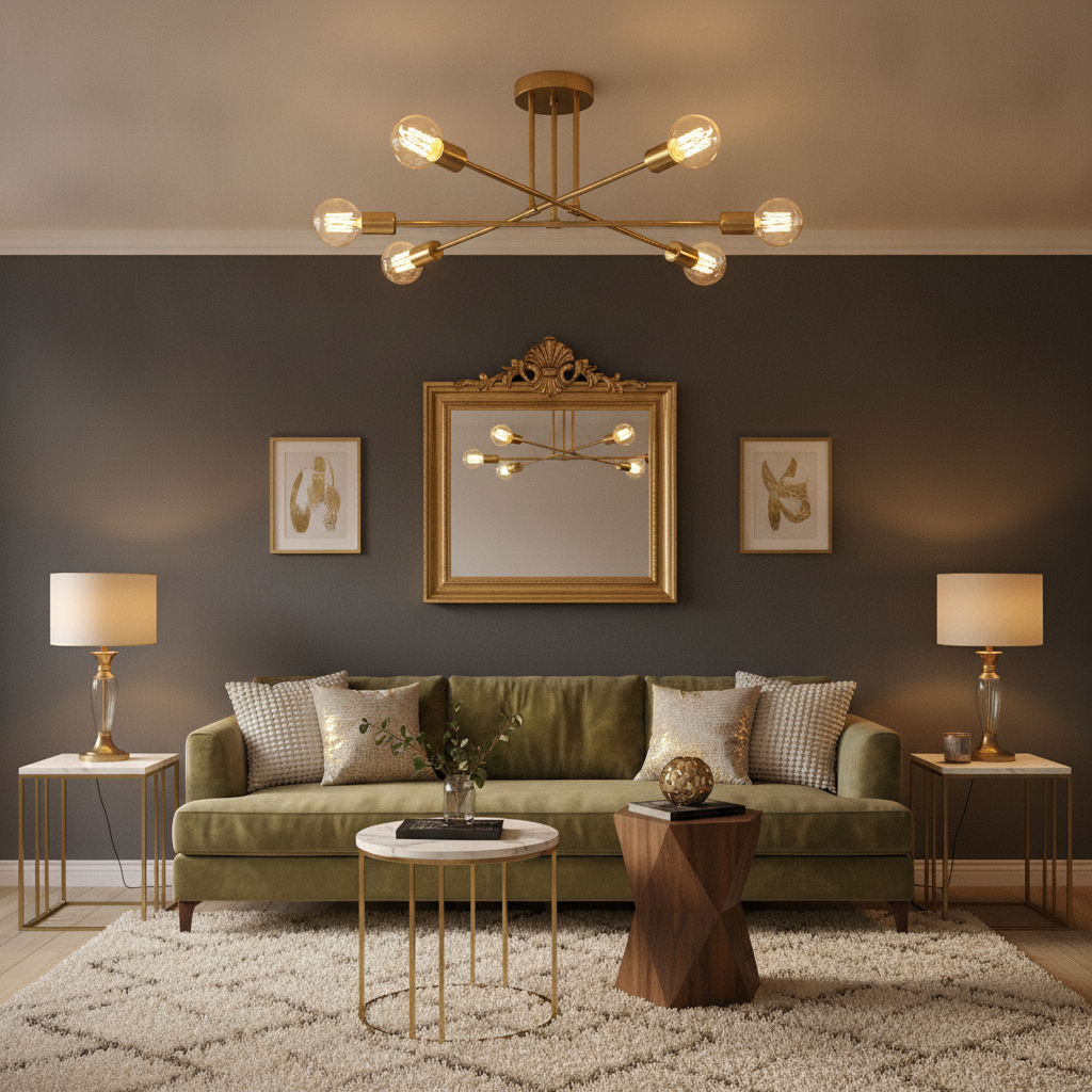 6-light gold sputnik semi flush ceiling light E26