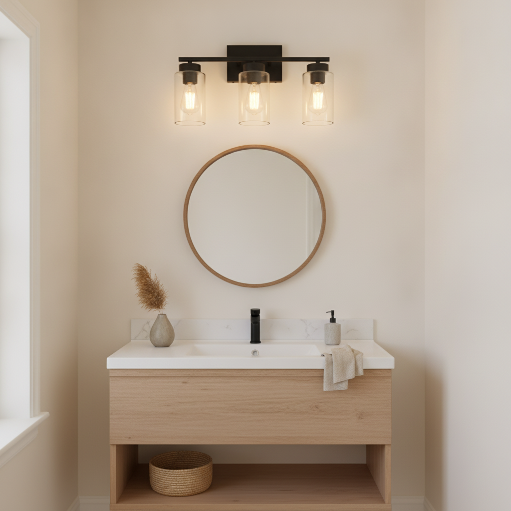 3-light matte black bathroom vanity light clear glass shades E26
