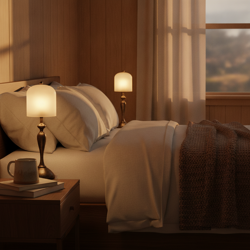 Aura Spirit alabaster lamp on a bedside nightstand in a warm bedroom