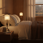 Aura Spirit alabaster lamp on a bedside nightstand in a warm bedroom