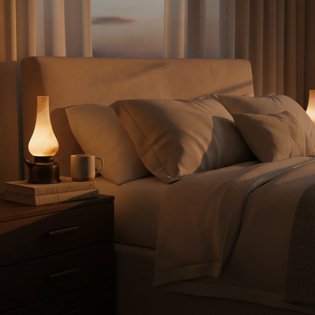 Luminous alabaster lamp on a bedside nightstand in a warm bedroom