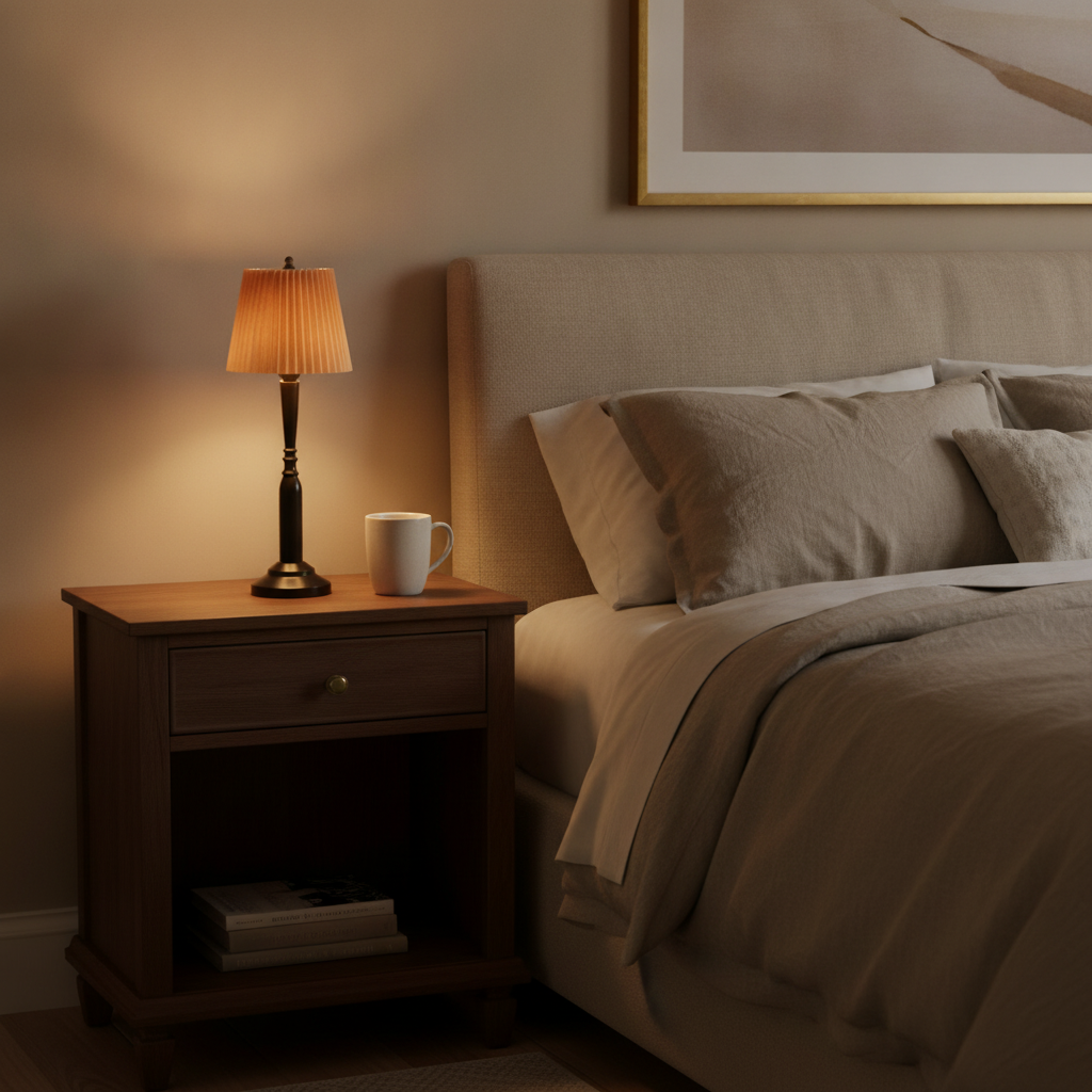 Jovial accent lamp on a bedside table in a warm transitional bedroom