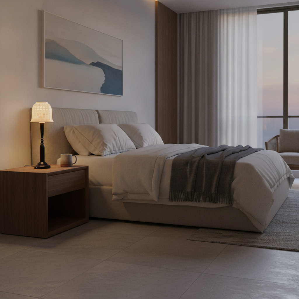 Bliss table lamp as a small accent on a serene bedroom nightstand