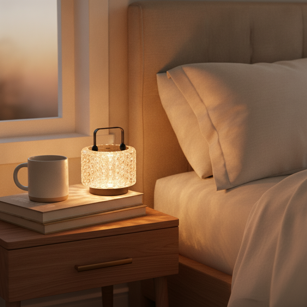 Monet Garden accent lamp glowing on a bedside nightstand in a warm bedroom