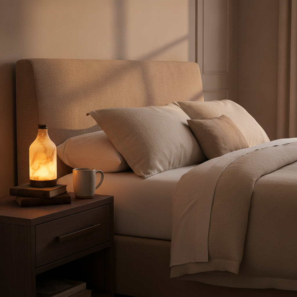 Admire alabaster lamp on a bedside nightstand in a warm bedroom