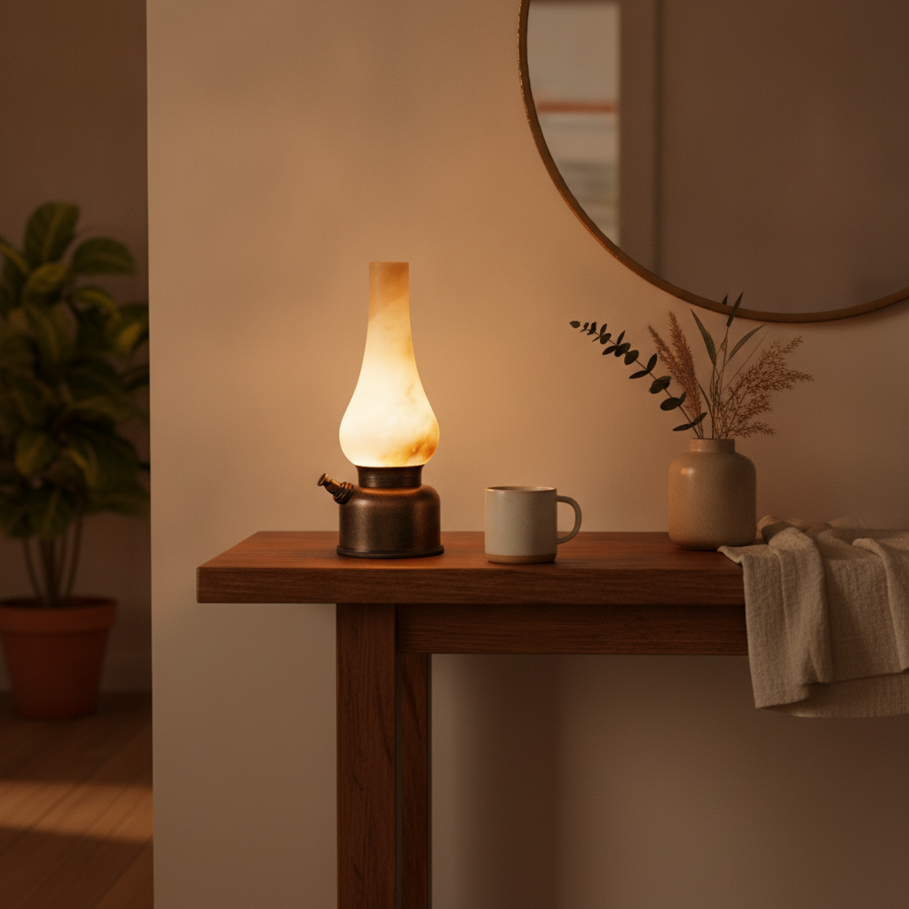 Luminous alabaster lamp on a wooden console table in a warm entryway