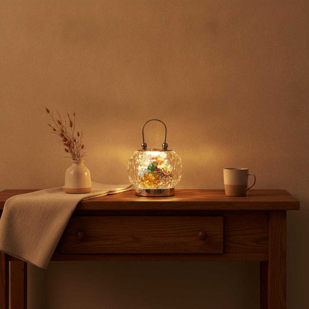 Nivin crystal lantern glowing on a wooden console table in a warm entryway