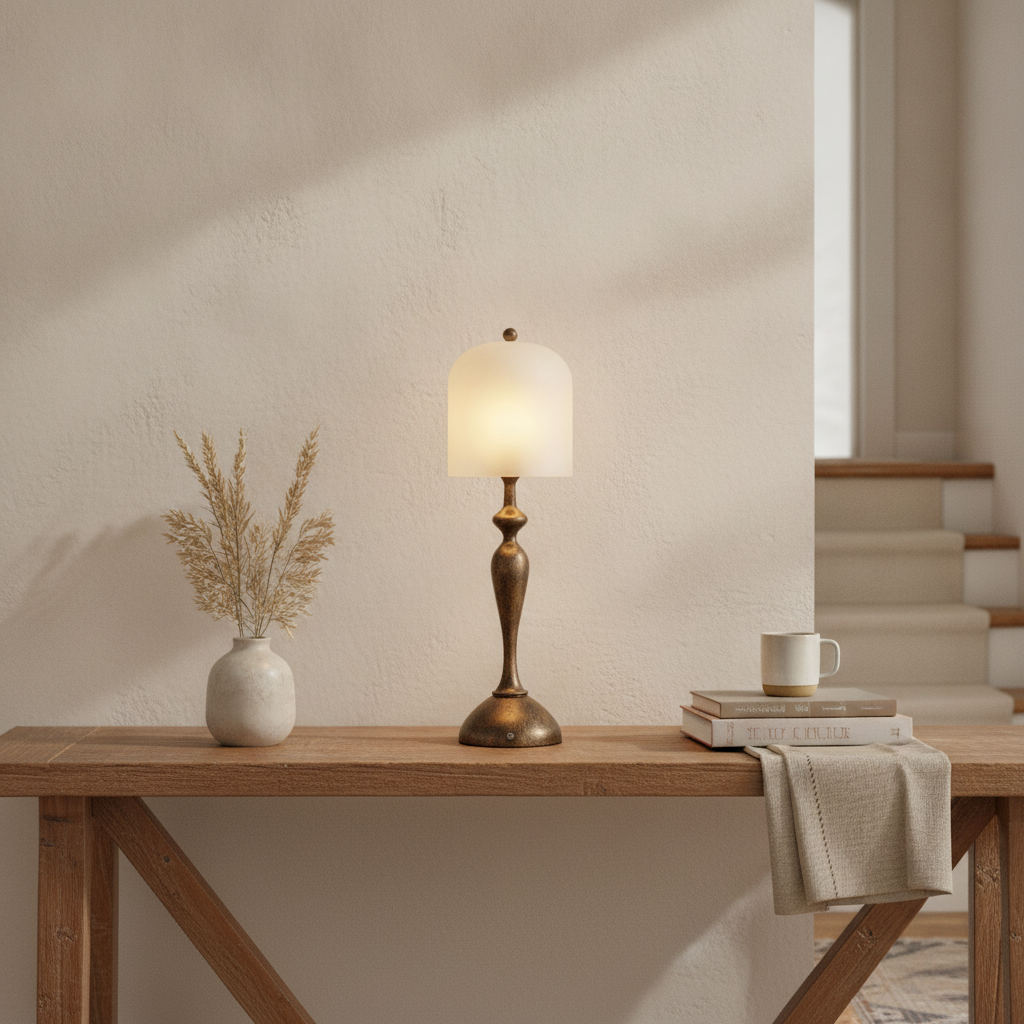 Aura Spirit alabaster lamp on a wooden console table in a warm entryway