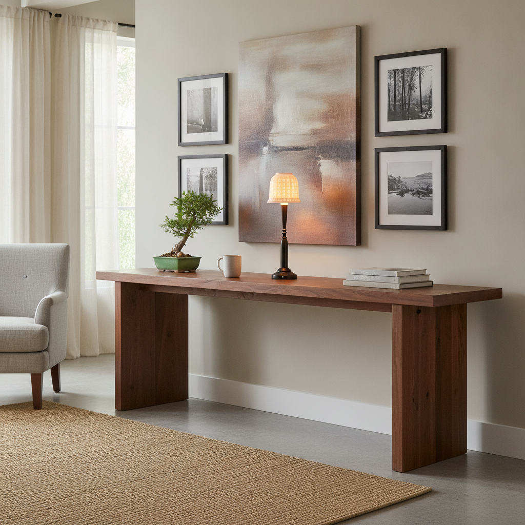 Bliss table lamp on a wide walnut console in an entryway