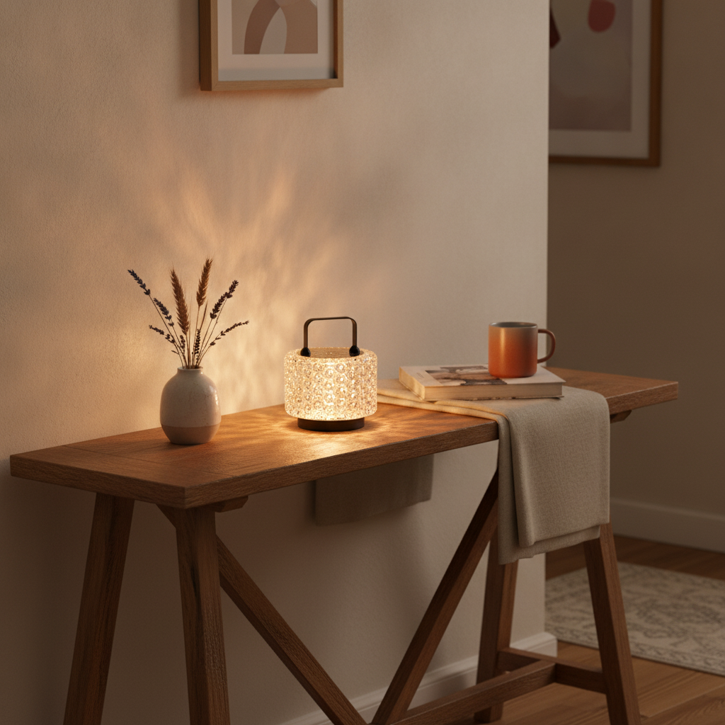 Monet Garden accent lamp on a wooden console table in a warm entryway