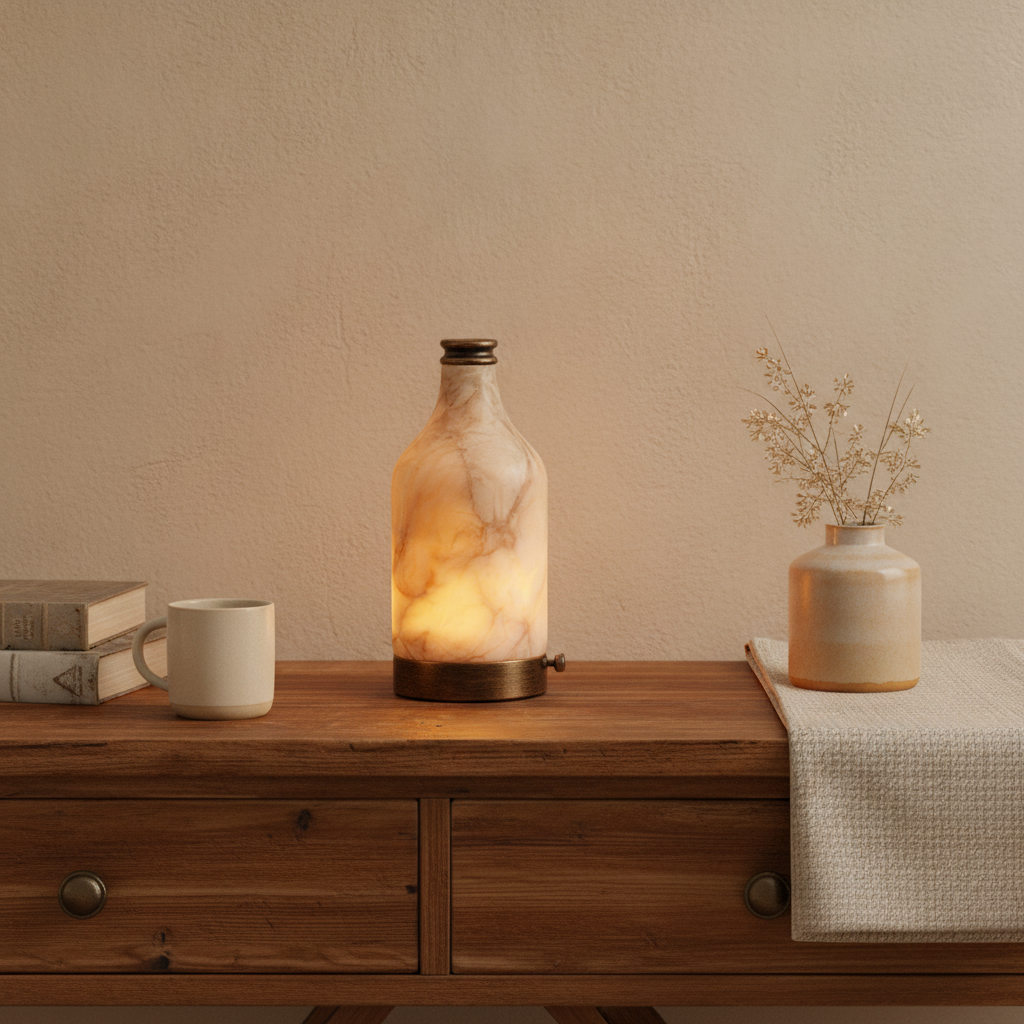 Admire alabaster lamp on a wooden console table in a warm entryway