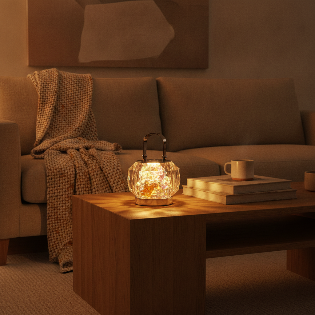 Nivin crystal lantern glowing on a low coffee table in a warm living room