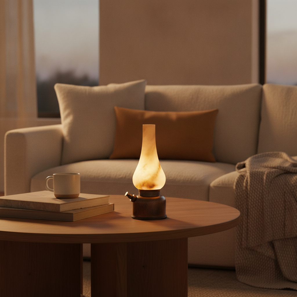 Luminous alabaster lamp on a low coffee table in a warm living room