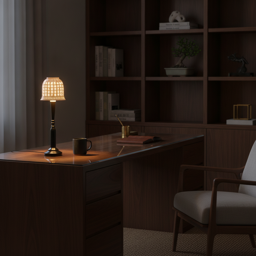 Bliss table lamp on a wooden desk in a home study