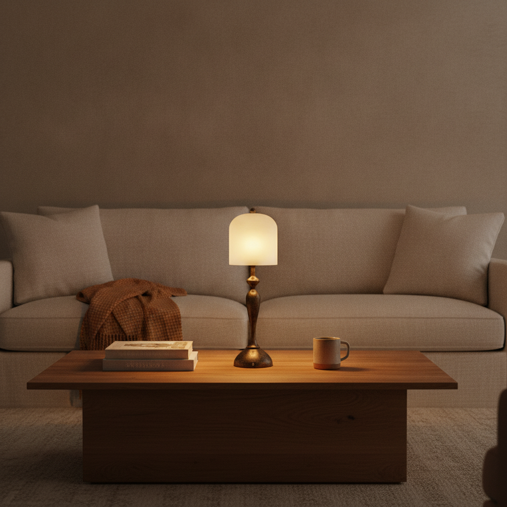Aura Spirit alabaster lamp on a low coffee table in a warm living room