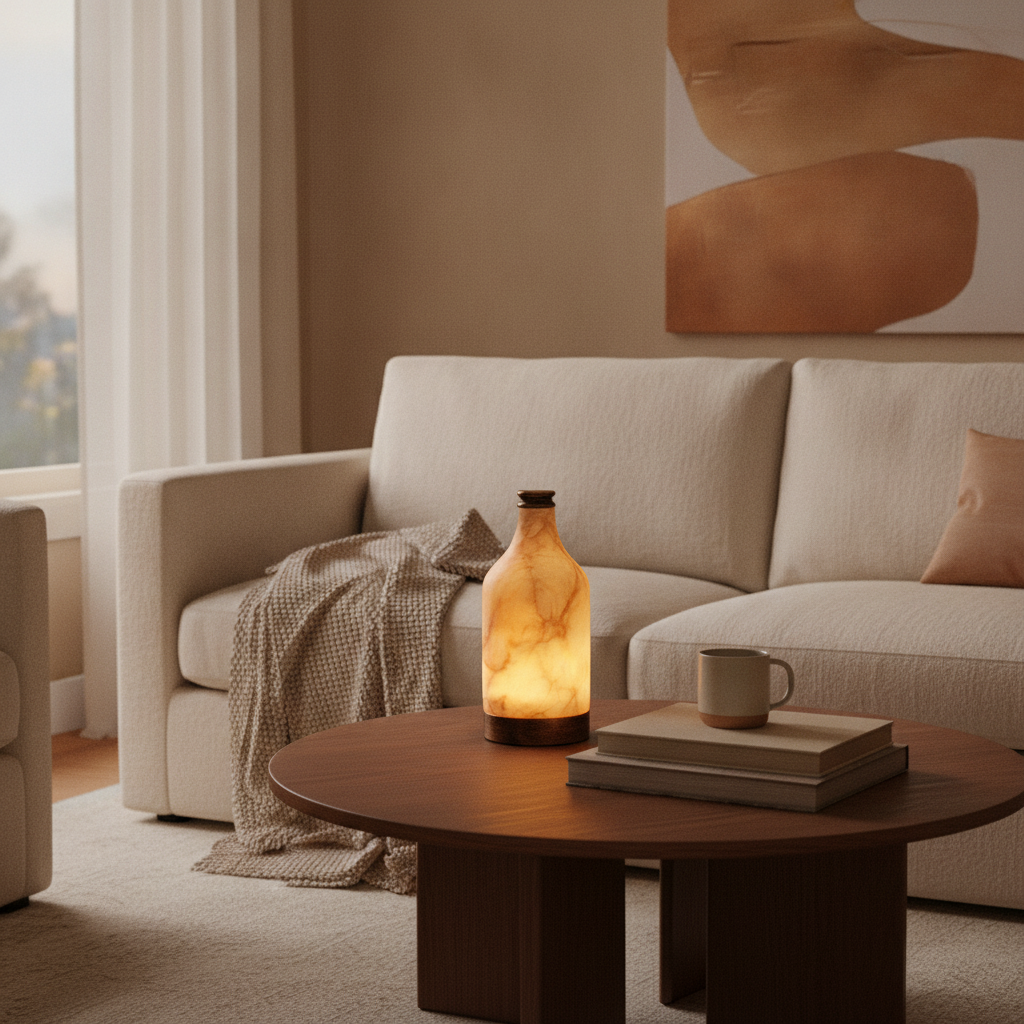 Admire alabaster lamp on a low coffee table in a warm living room