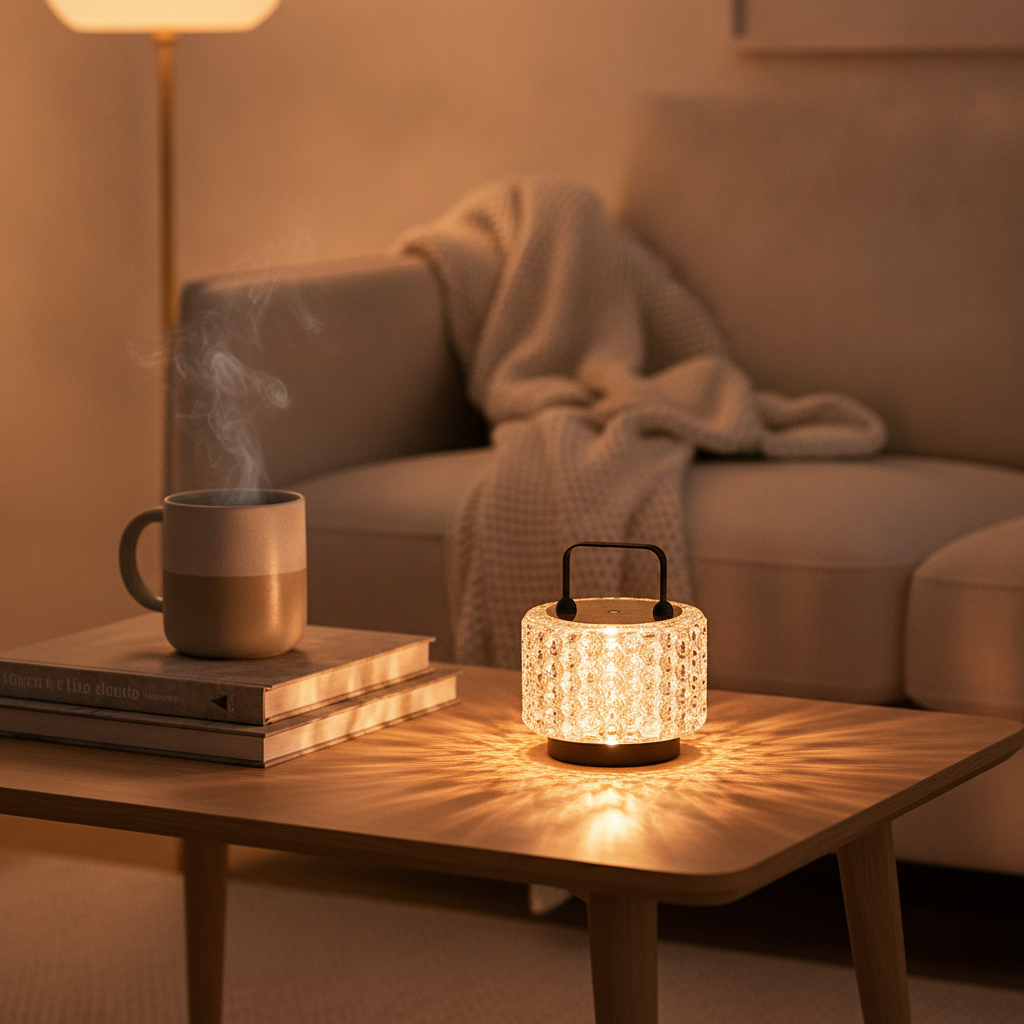 Monet Garden accent lamp on a low coffee table in a warm living room