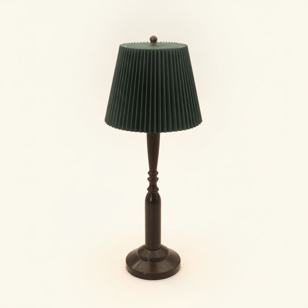 Jovial pleated fabric table lamp, deep green shade, on warm cream