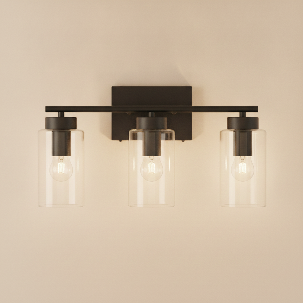 3-light matte black bathroom vanity light clear glass shades E26