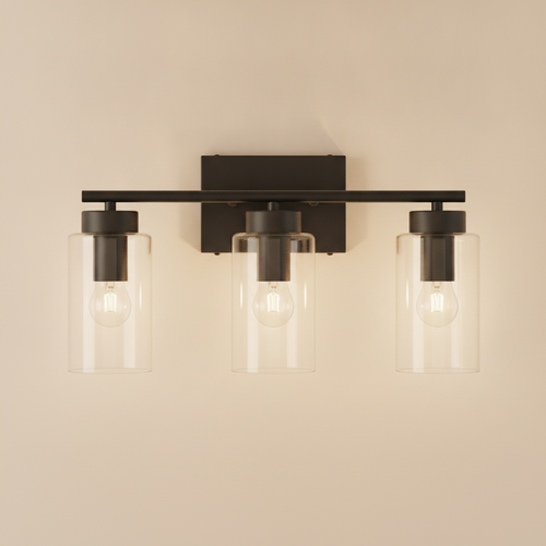 3-light matte black bathroom vanity light clear glass shades E26