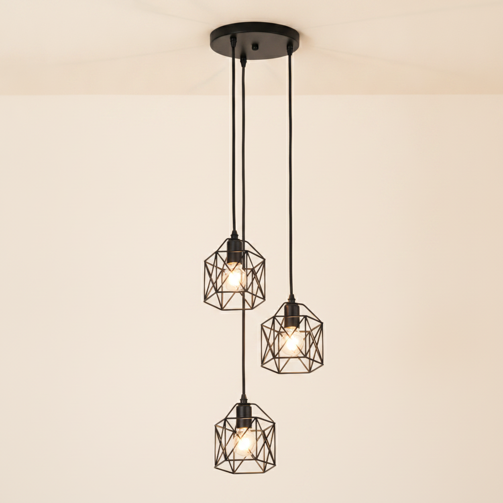 3-light black metal cage pendant light E26 kitchen island