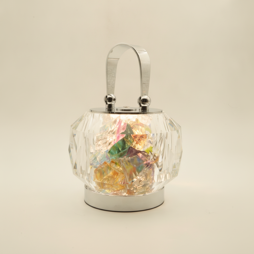 Nivin iridescent crystal lantern standing upright on a warm cream background