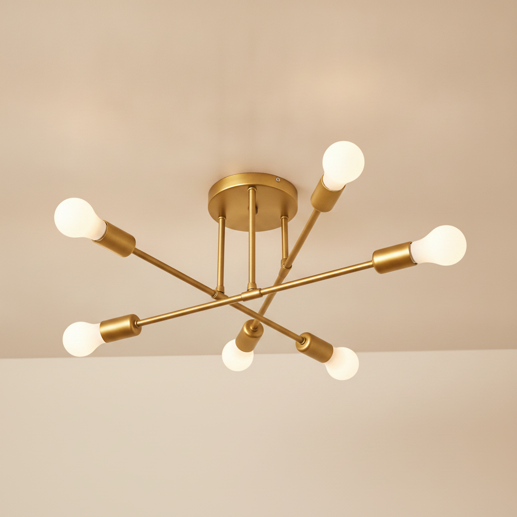 6-light gold sputnik semi flush ceiling light E26