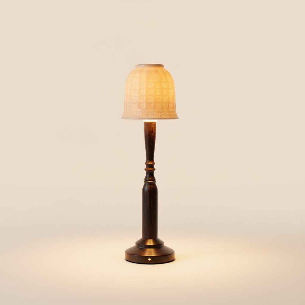 Bliss ceramic table lamp with African Blackwood base, brass ring detail, white shade on warm cream