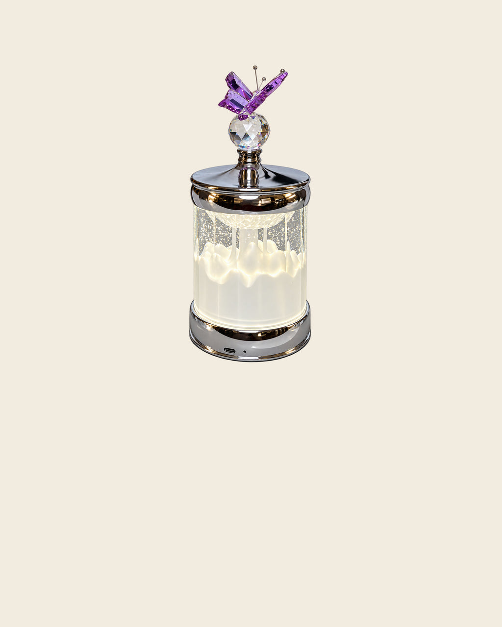 2679 Butterfly Crystal Night Lamp in Purple on a warm ivory background