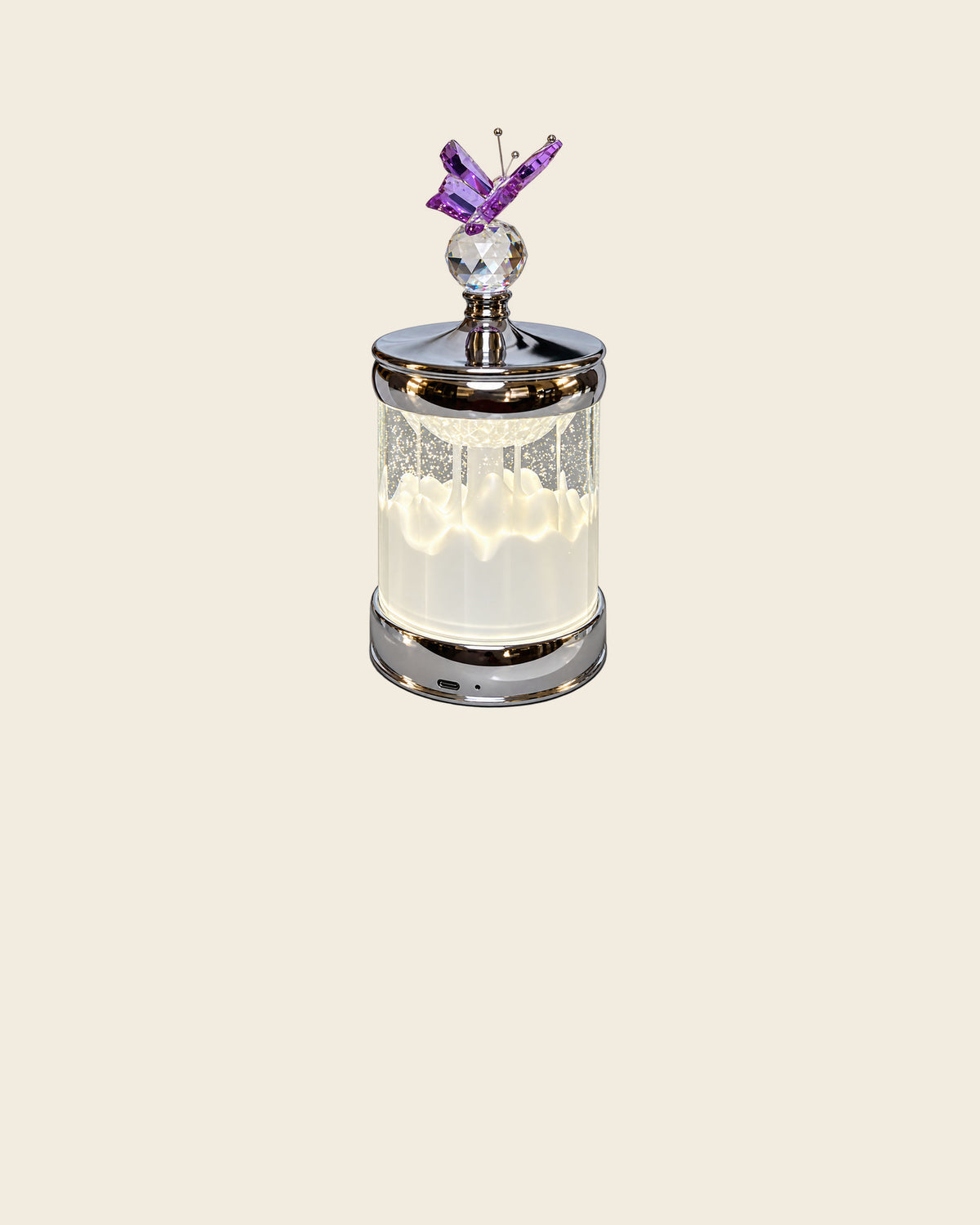 2679 Butterfly Crystal Night Lamp in Purple on a warm ivory background