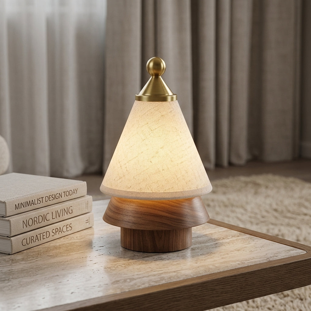 Nordic Pine Minimalist Ambient Lamp | Cordless Solid Wood & Brass Touch Light