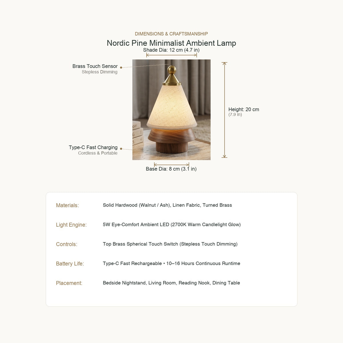 Nordic Pine Minimalist Ambient Lamp - Dimensions & Technical Specifications