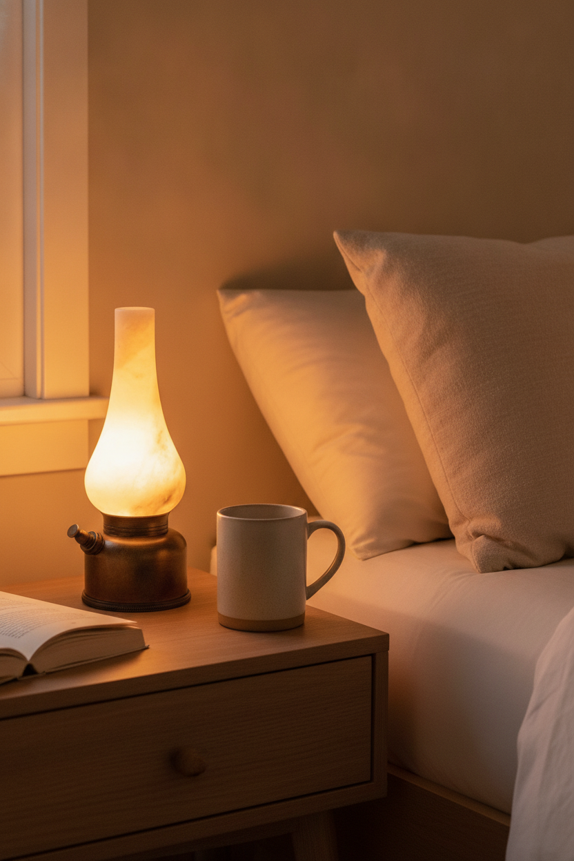 Luminous alabaster accent lamp on a bedside table, portrait lifestyle photograph